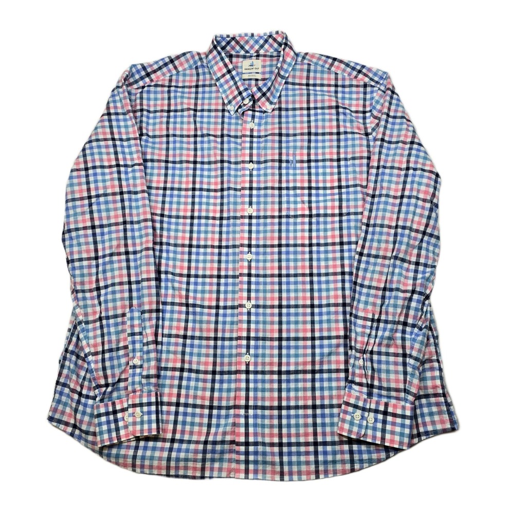 johnnie-O Hangin Out Shirt Mens 2XL Blue Pink Plaid Preppy Casual Stretch